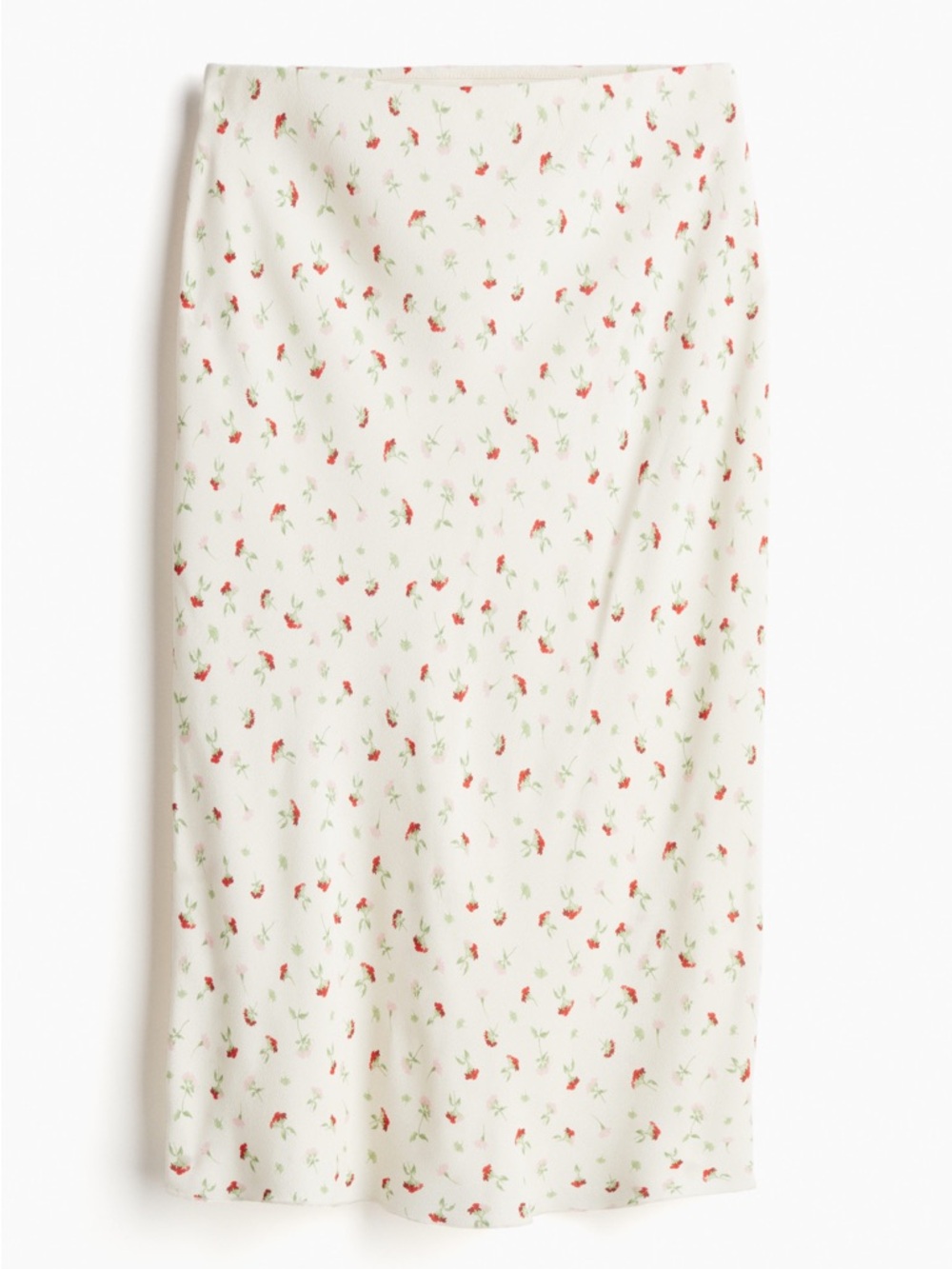H&M Cream Midi Skirt Knee Length with Red Floral & Green Leaf Print